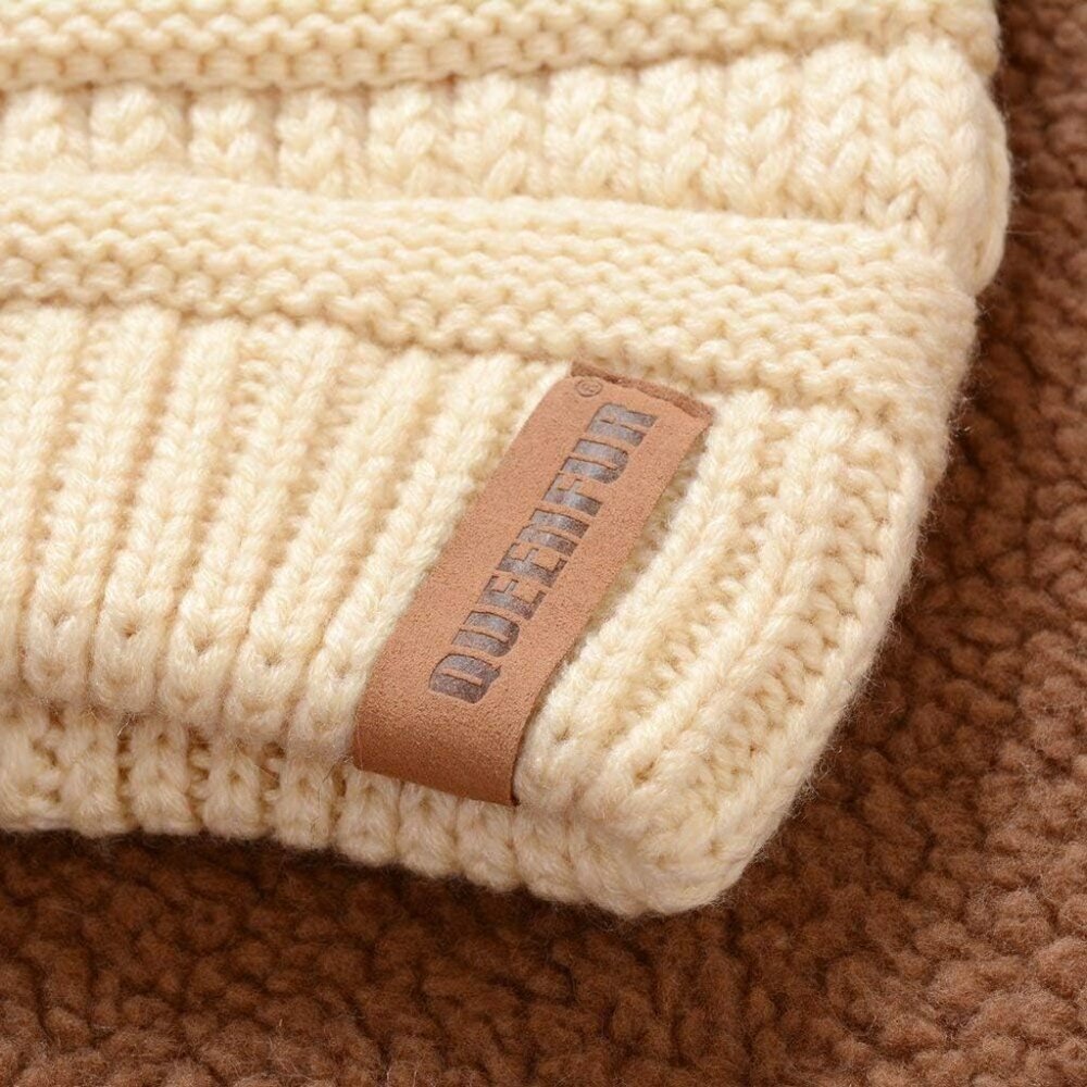Queenfur Knit Slouchy Beanie for Women Thick Baggy Hat Faux Fur Pompom Hat - Picture 5 of 6